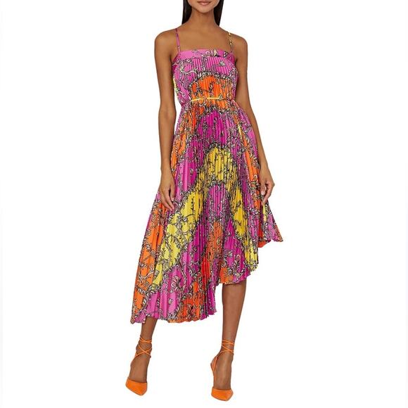 Milly Women’s Irene Chain Pink Orange Pleated Floral Asymmetric Midi Dress 6 - Picture 1 of 9